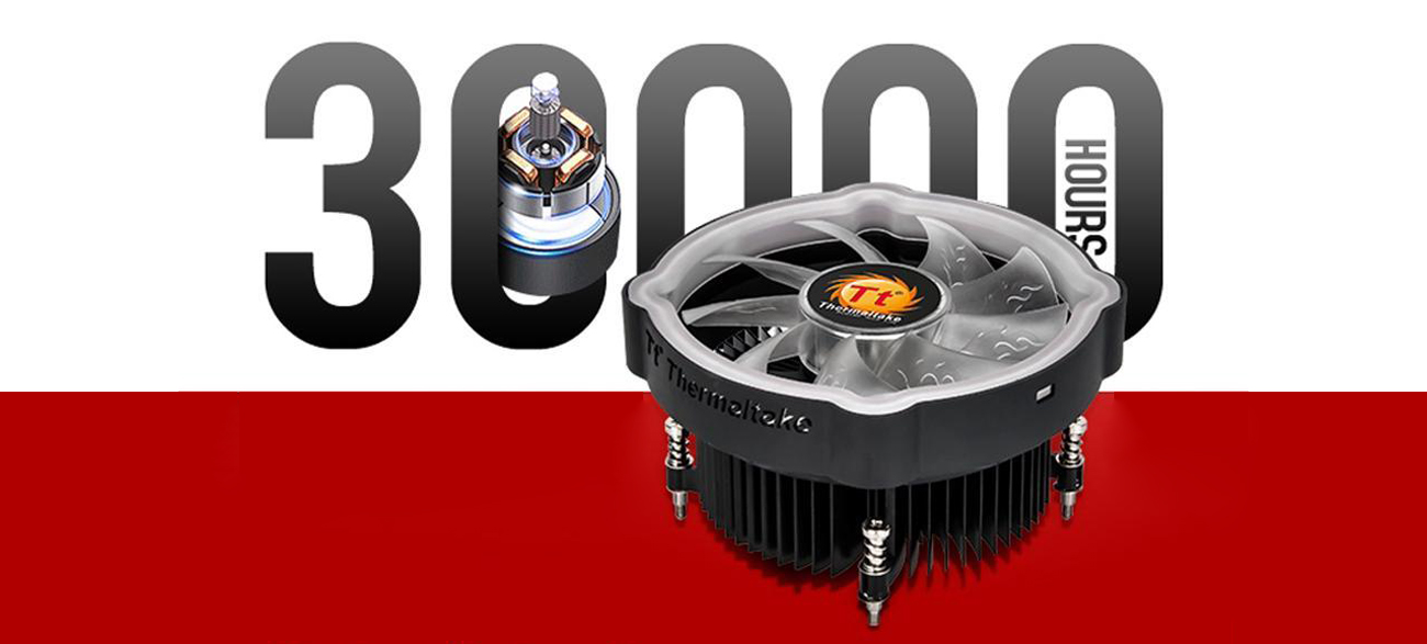 The bearing of the RGB CPU Air Cooler is displayed against a backdrop of 30000 hours lifespan